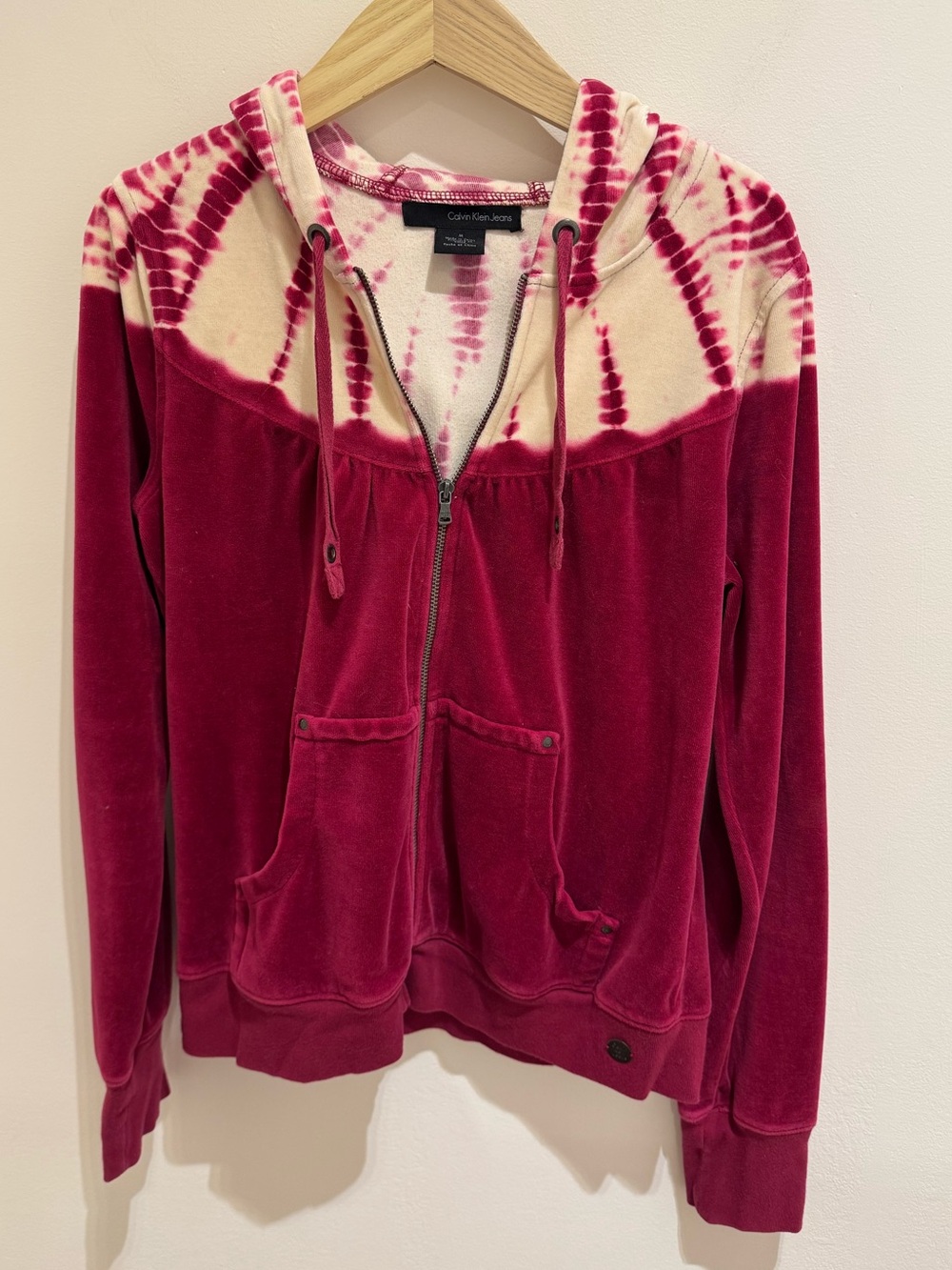 Calvin Klein Pink and Cream Tie-Dye Velvet Zip Hoodie
